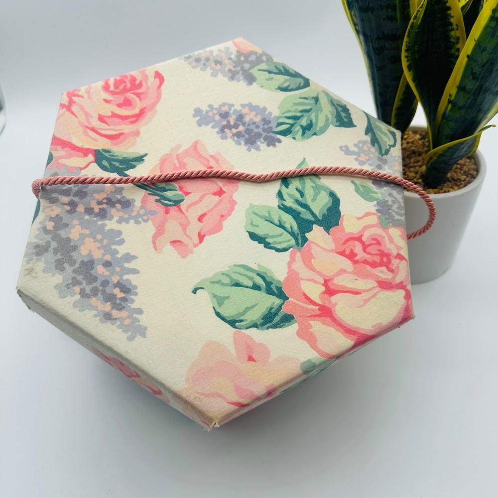 Vintage Style Floral Hexagon Hat Box Pink Rose Fabric Covered Decorative Storage